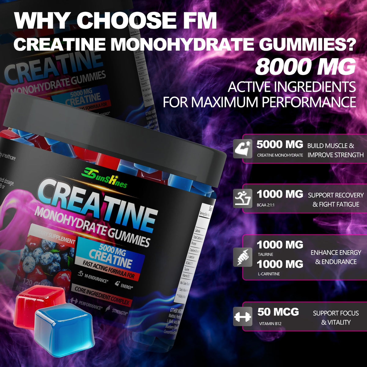 Détails de l'étiquette des gummies de créatine monohydrate tsunshnes
