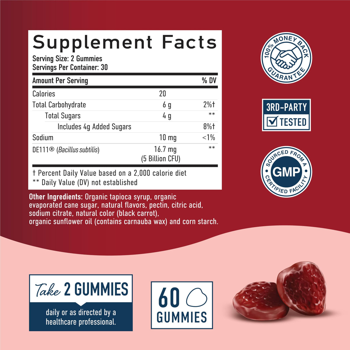 Détails de l'étiquette des gummies probiotiques SMNutrition