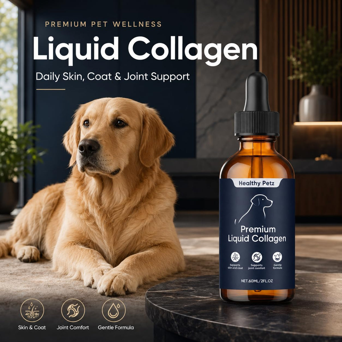 Détails de l'étiquette du collagène liquide HEALTHY PETZ 60ml