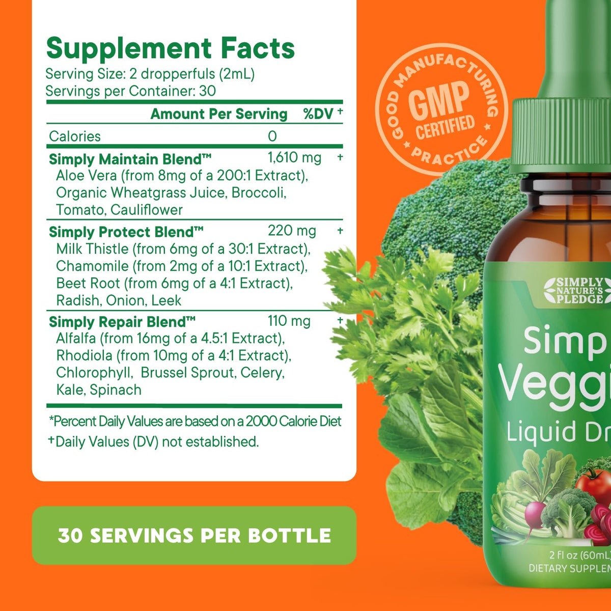 Détails de l'étiquette du complément alimentaire liquide Fruits & Légumes Simply Nature's Pledge