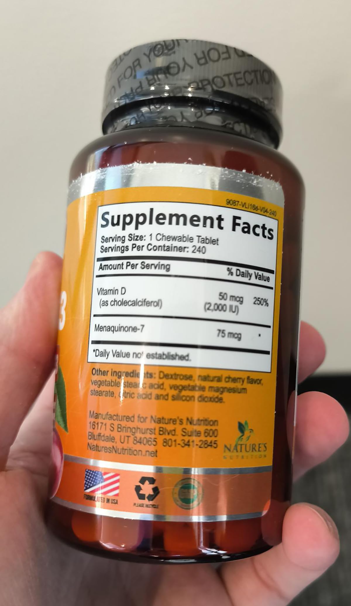 Détails de l'étiquette du complément D3 K2 Nature's Nutrition