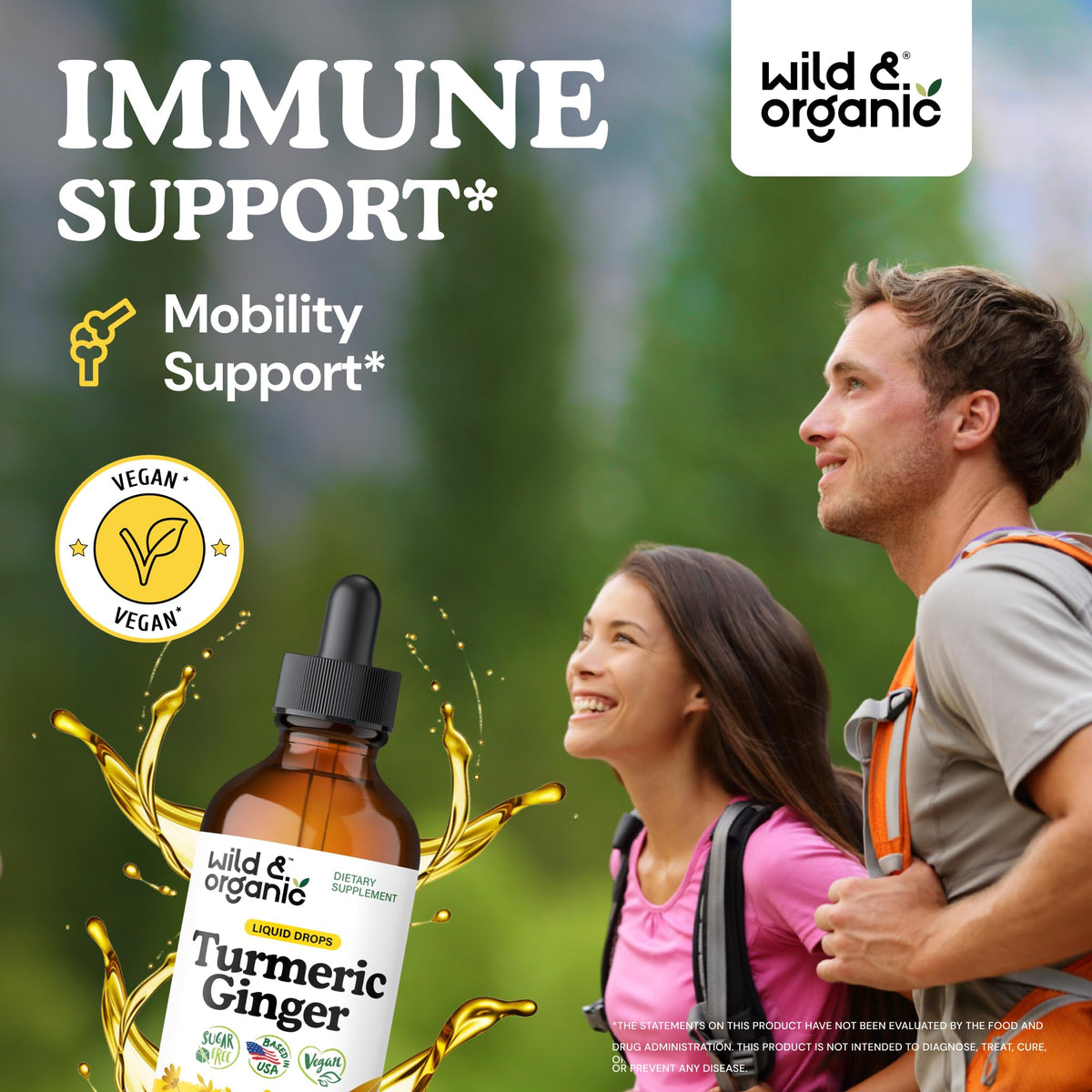 Détails de l'étiquette du complément Wild & Organic au curcuma et gingembre