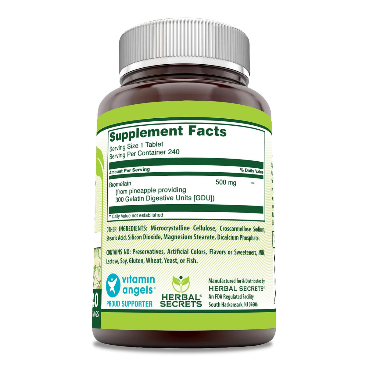 Détails de l'étiquette du flacon Bromélaïne 500 mg Herbal Secrets