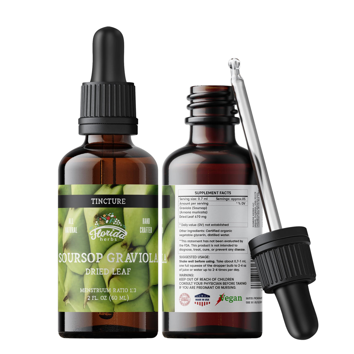 Détails de l'étiquette du flacon d'extrait de Graviola FLORIDA HERBS