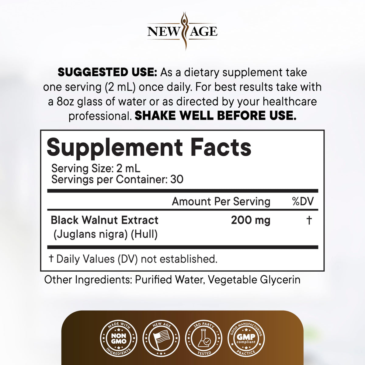 Détails de l'étiquette du flacon d'extrait de noix noire NEW AGE