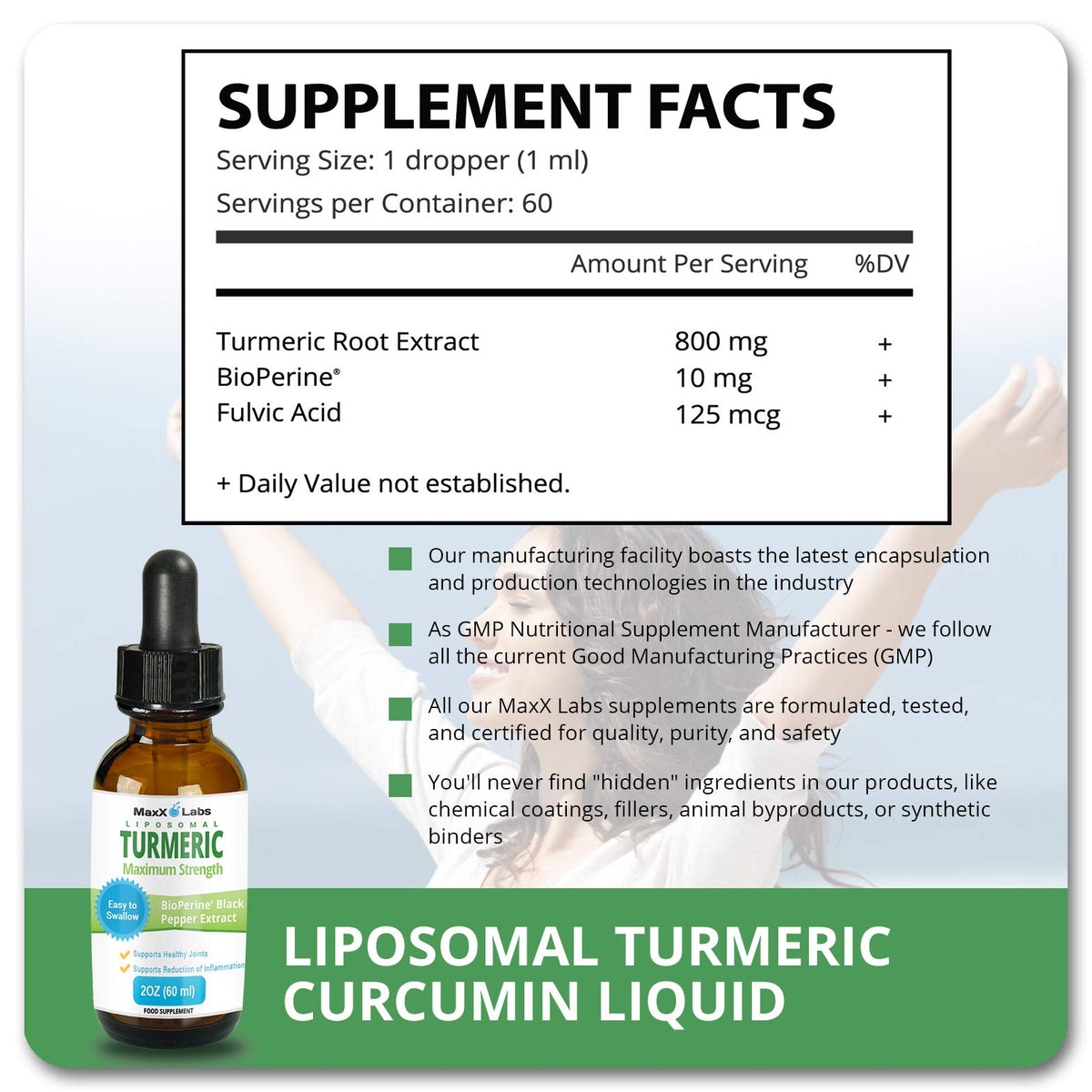 Détails de l'étiquette du flacon de curcuma MaxX Labs montrant les ingrédients