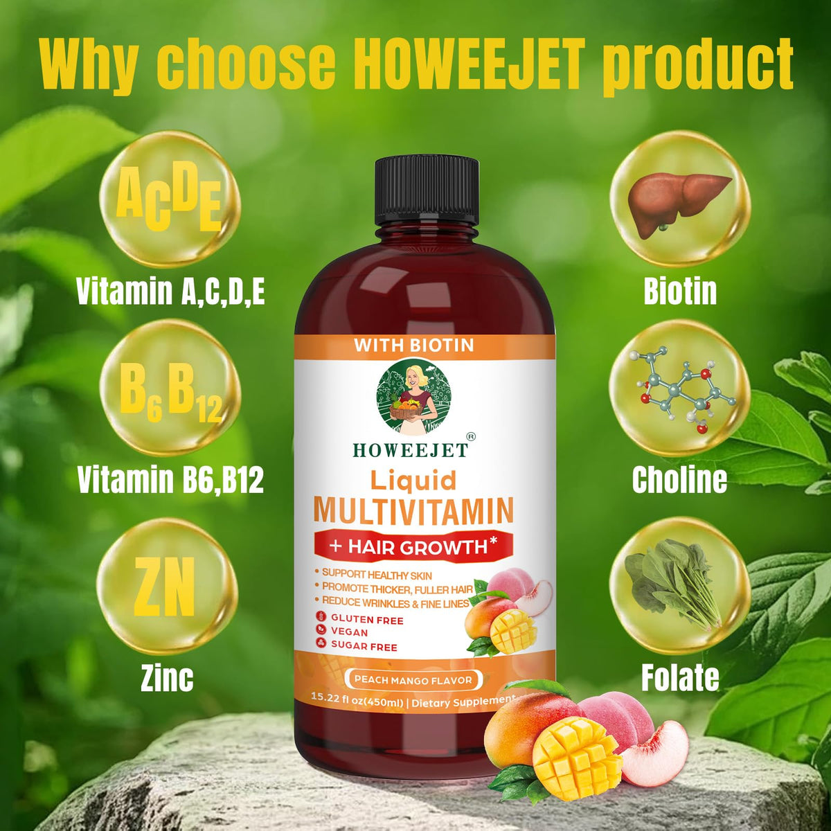 Détails de l'étiquette du flacon de multivitamine liquide HOWEEJET