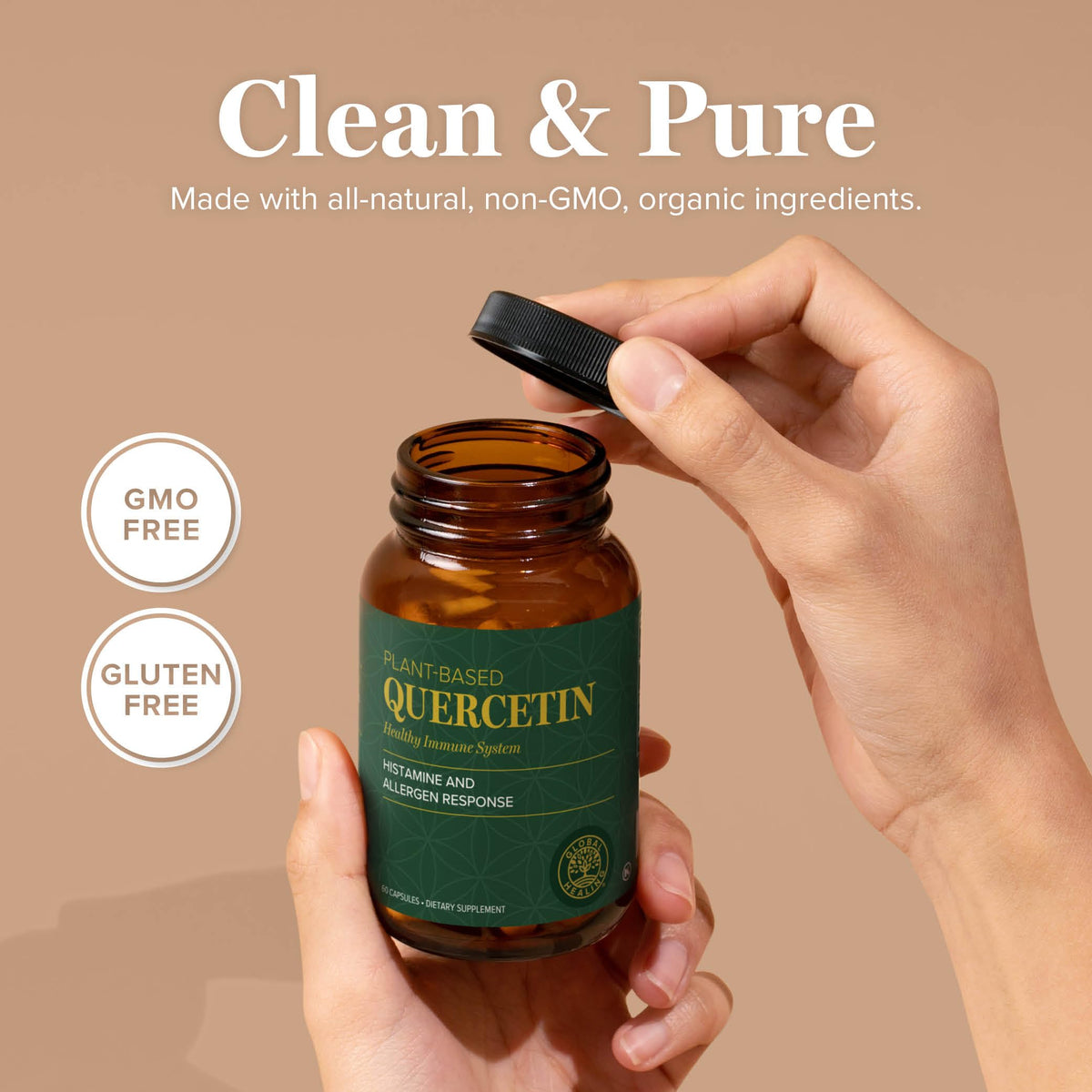 Détails de l'étiquette du flacon de quercétine 250mg Global Healing Center