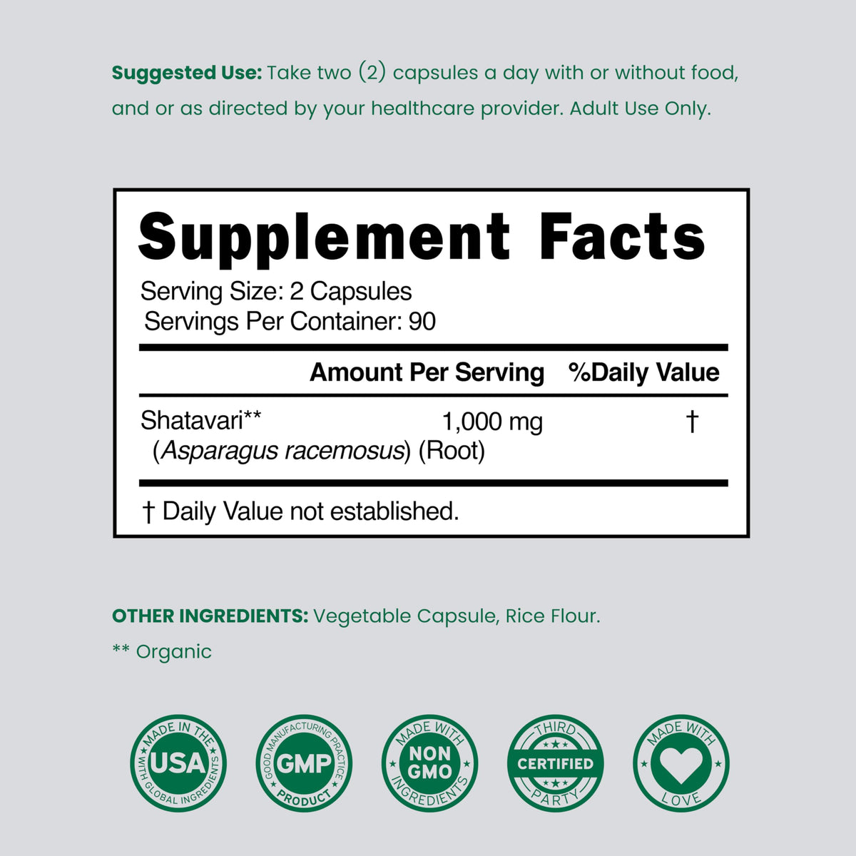 Détails de l'étiquette du flacon de Shatavari DORADO NUTRITION