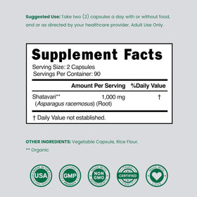 Détails de l'étiquette du flacon de Shatavari DORADO NUTRITION