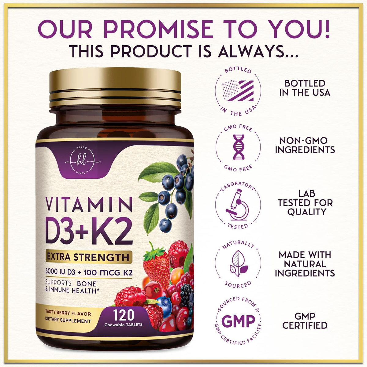 Détails de l'étiquette du flacon de Vitamine D3 K2 Hello Lovely!