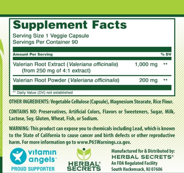 Détails de l'étiquette du flacon Herbal Secrets Valériane
