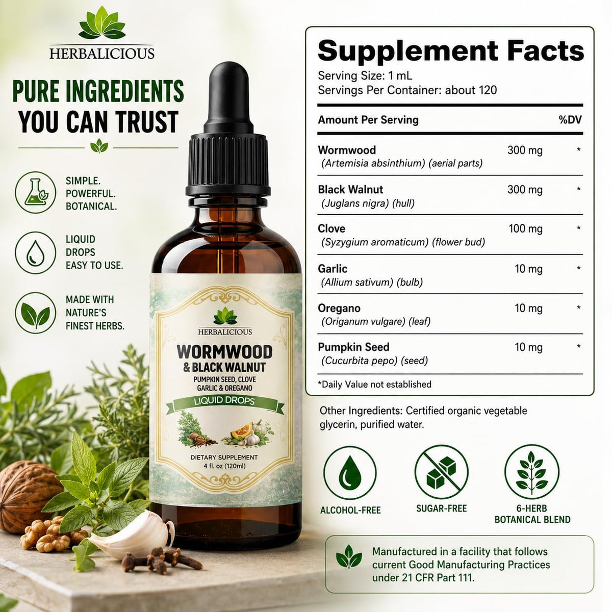 Détails de l'étiquette du flacon HERBALICIOUS
