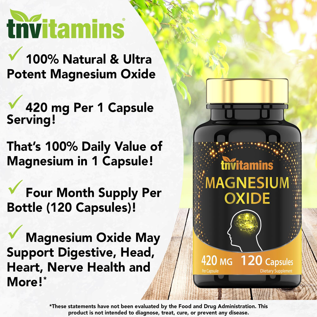Détails de l'étiquette du flacon tnvitamins Magnésium Oxyde 420 mg