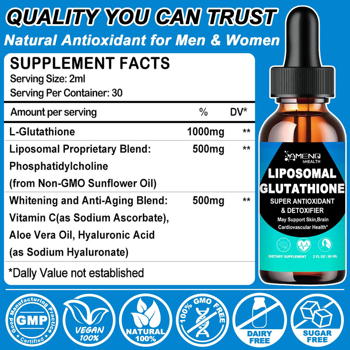 Détails de l'étiquette du Glutathione Liposomal 1000mg AMENQ hHEALTH