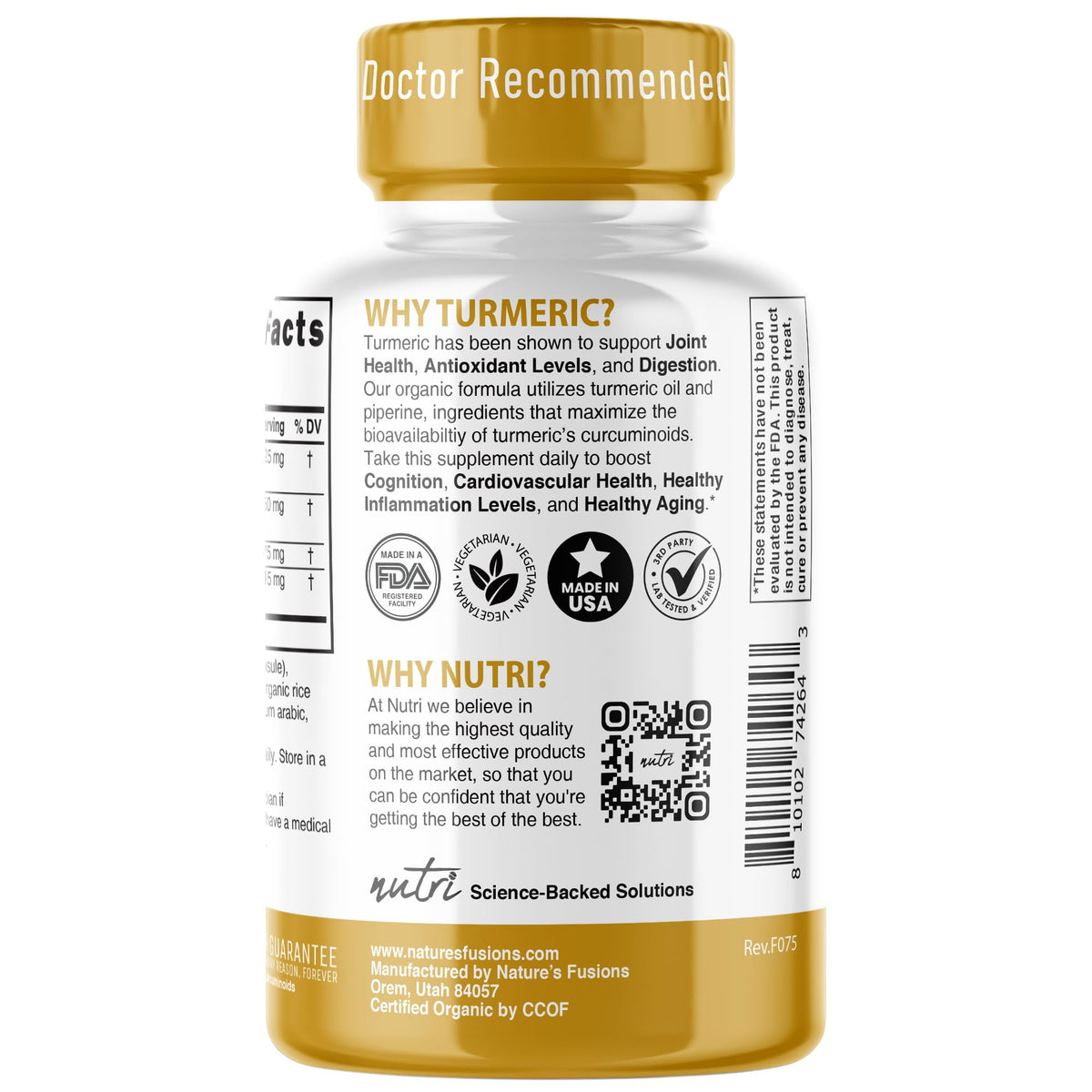 Détails de l'étiquette du produit Curcuma Curcumin avec informations nutritionnelles