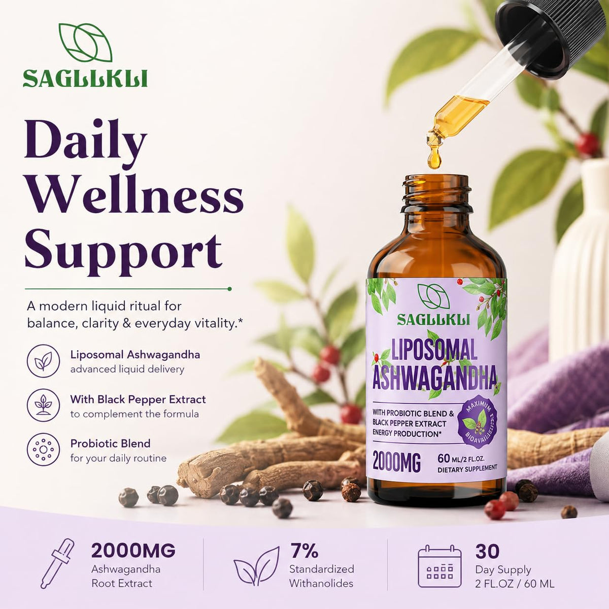 Détails de l'étiquette du produit Sagllkli Ashwagandha 2000mg