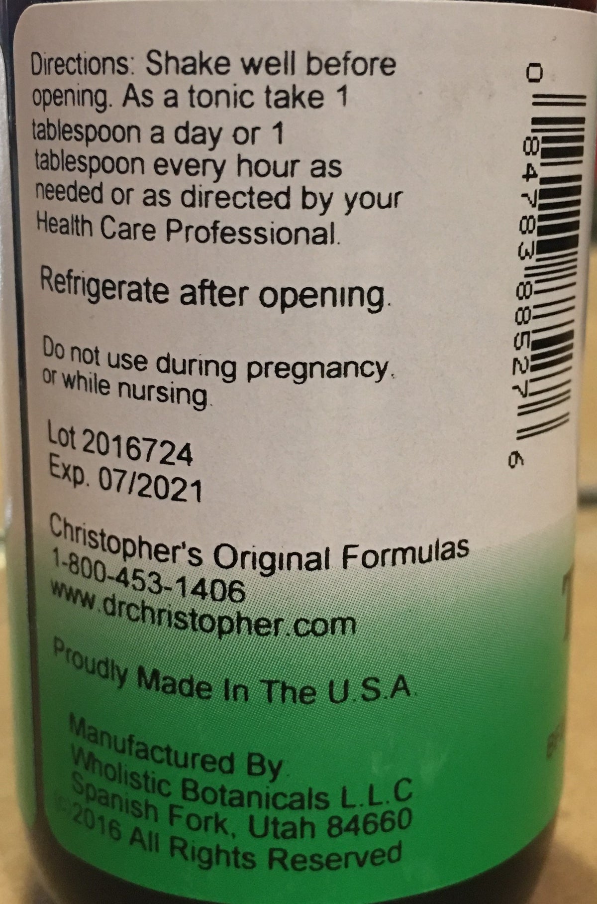 Détails de l'étiquette du Sirop Complet Tissu et Os de Christopher's Original Formulas