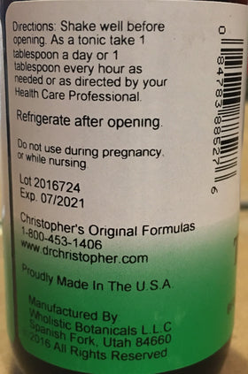 Détails de l'étiquette du Sirop Complet Tissu et Os de Christopher's Original Formulas
