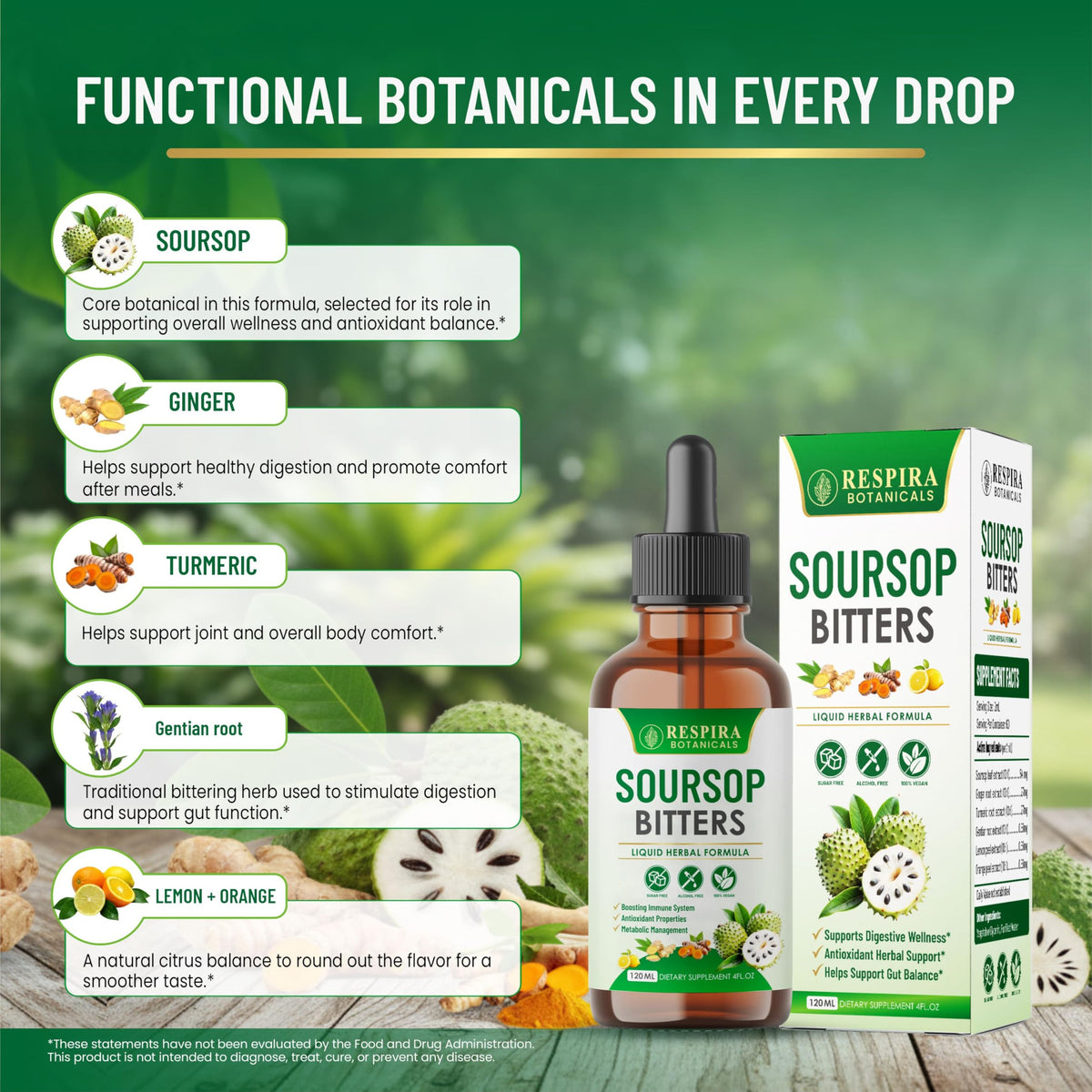 Détails de l'étiquette du Soursop Bitters de Respira Botanicals