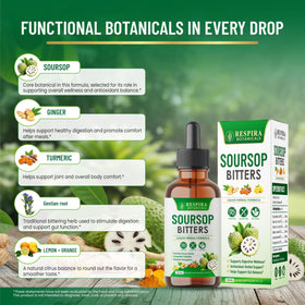Détails de l'étiquette du Soursop Bitters de Respira Botanicals