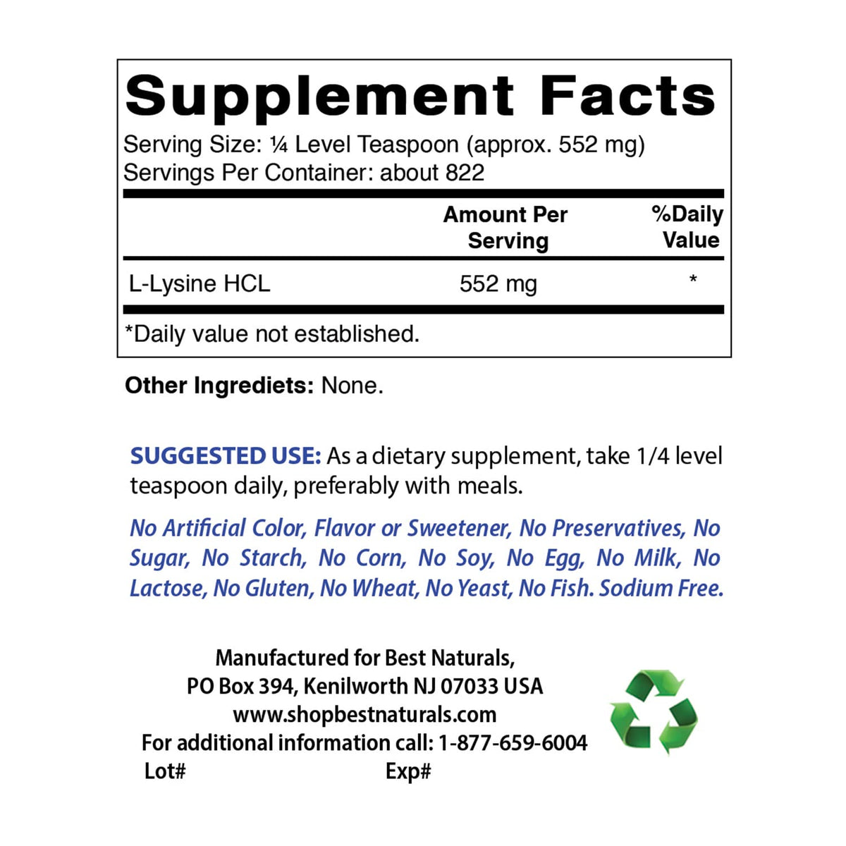 Détails de l'étiquette Poudre de L-Lysine Best Naturals