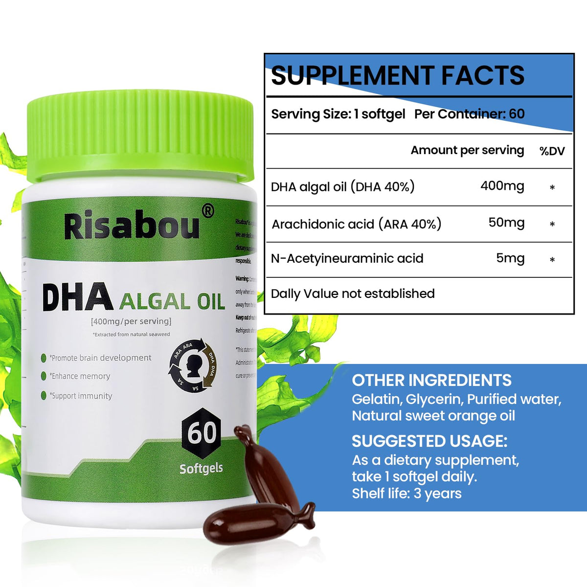 Détails de la boîte de Risabou Huile d'Algue DHA 400 mg