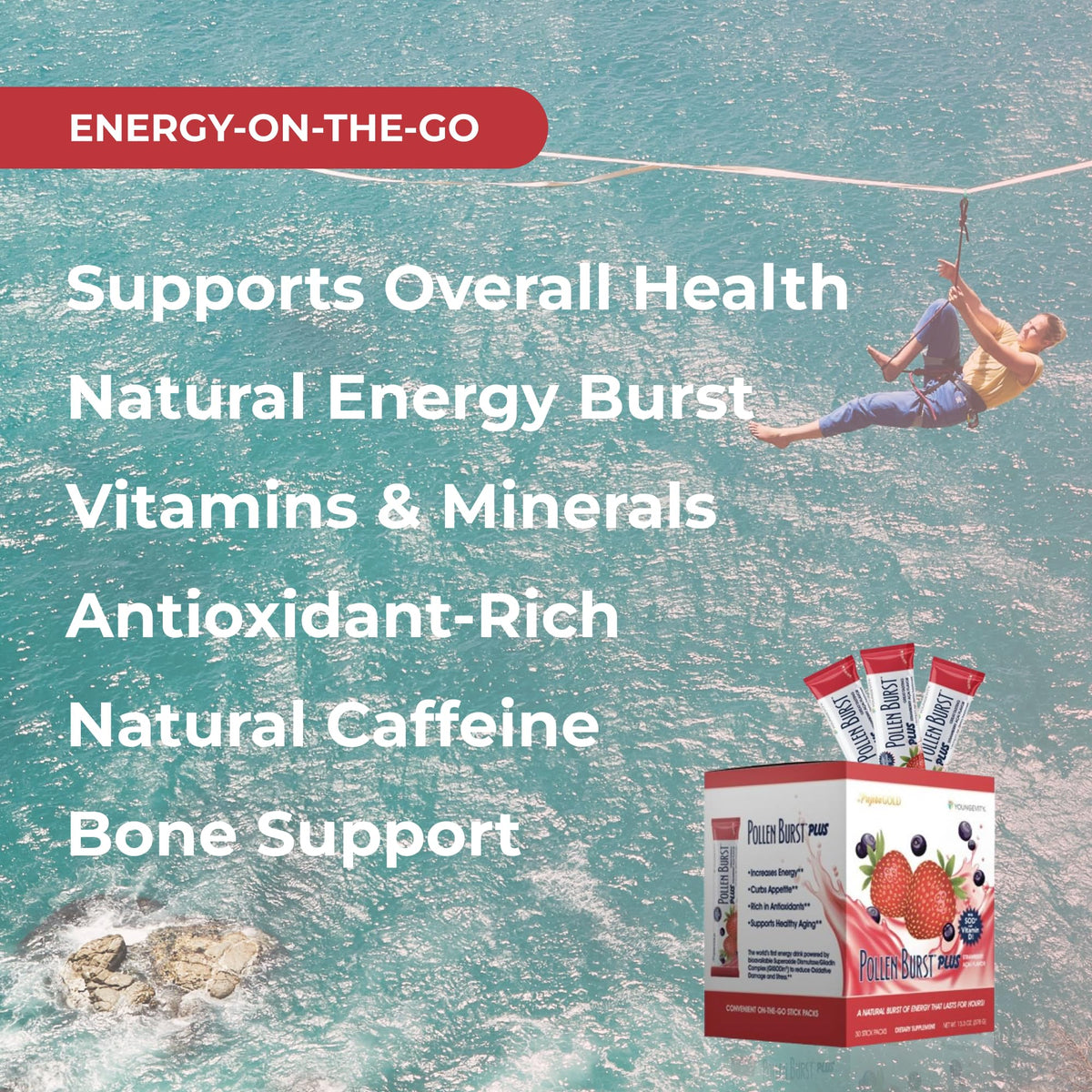 Détails de la boîte Youngevity Pollen Burst avec informations nutritionnelles