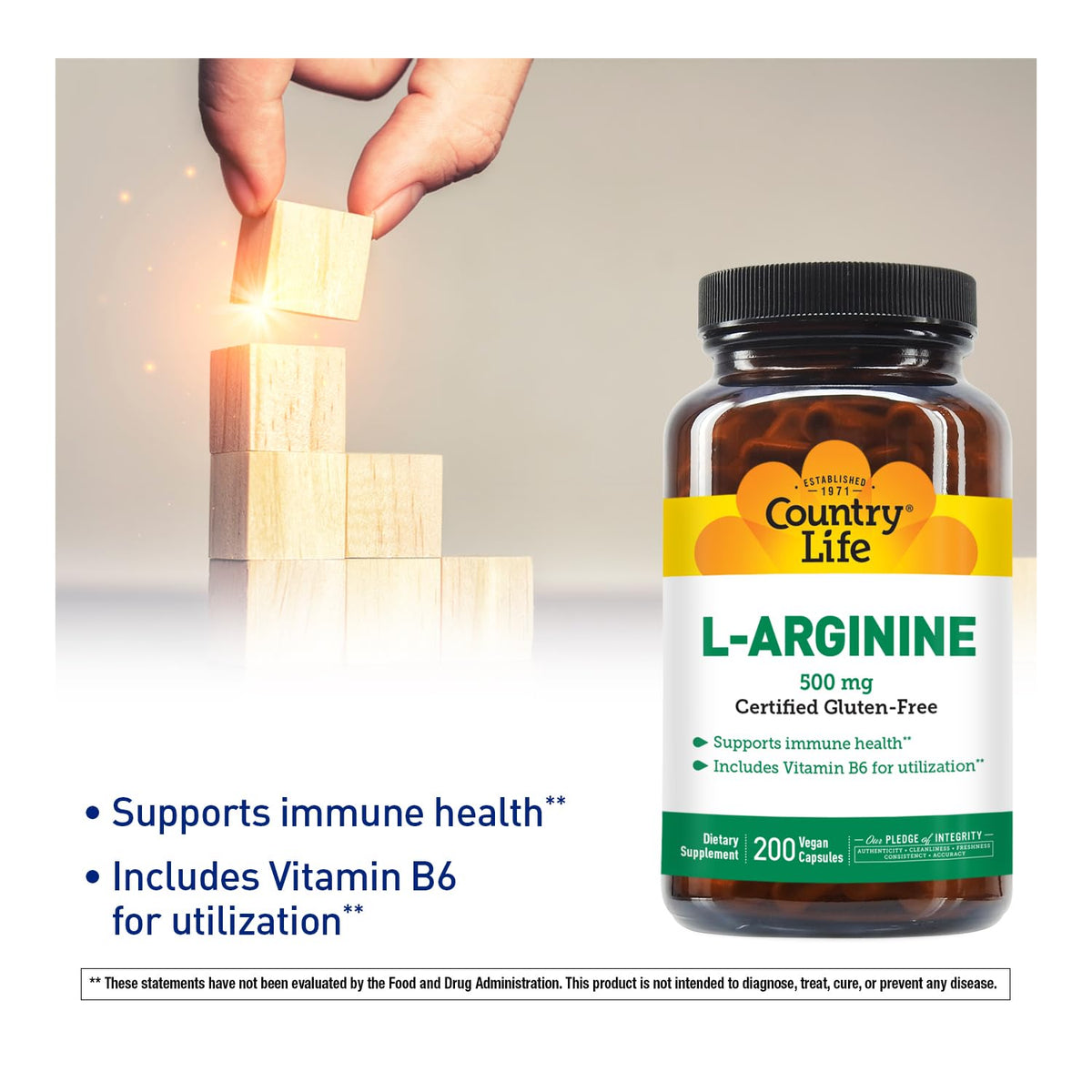 Détails de la bouteille Country Life L-Arginine 500 mg avec étiquette