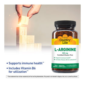 Détails de la bouteille Country Life L-Arginine 500 mg avec étiquette