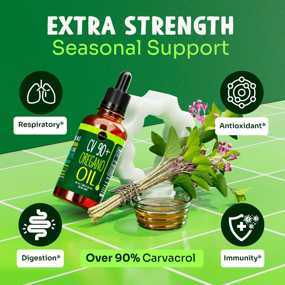 Détails de la bouteille d'huile d'origan Maju Superfoods