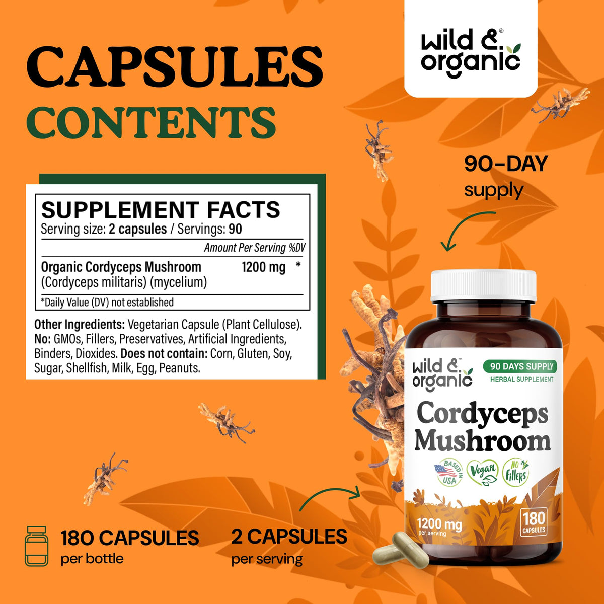 Détails de la bouteille de capsules de cordyceps Wild & Organic
