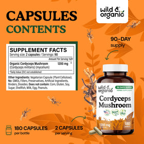 Détails de la bouteille de capsules de cordyceps Wild & Organic