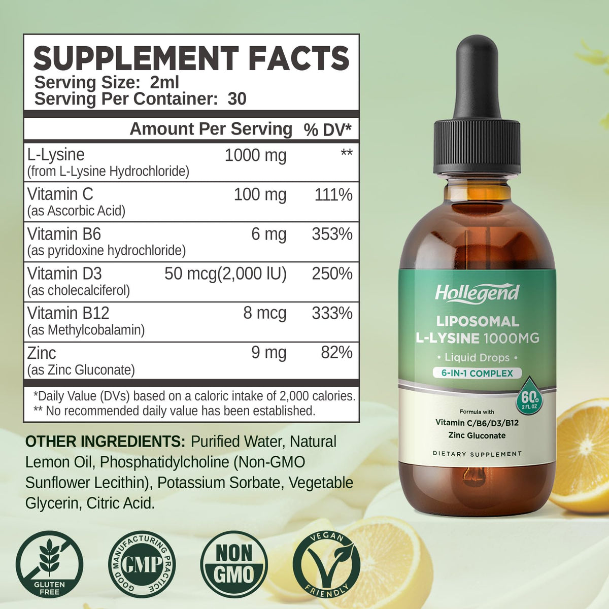 Détails de la bouteille de L-Lysine 1000MG HOLLEGEND avec étiquette