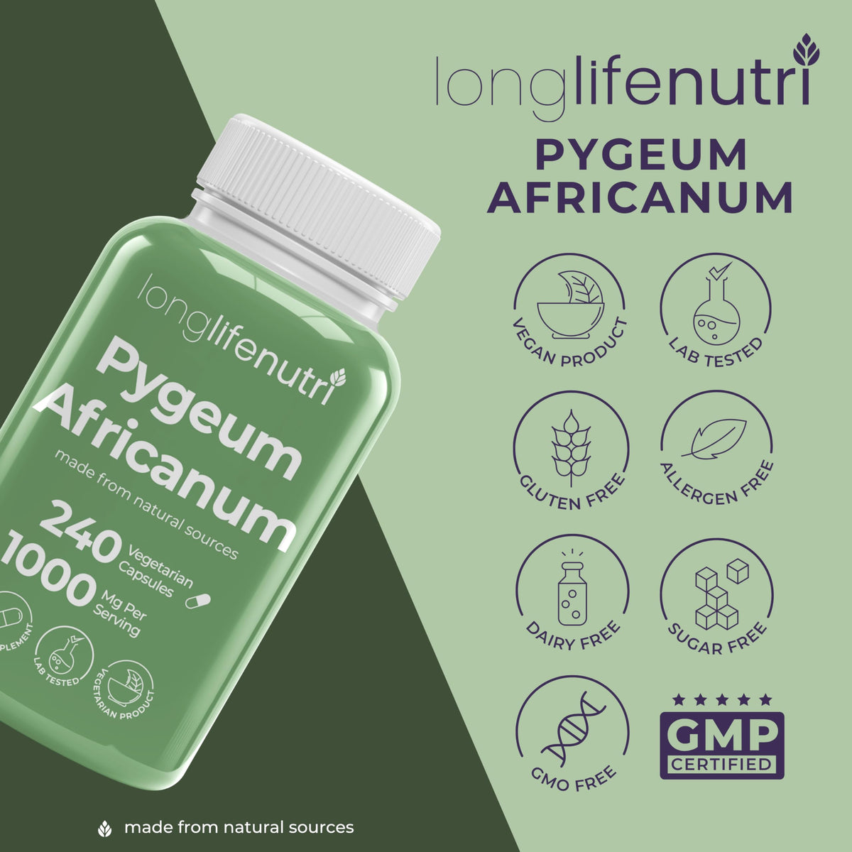 Détails de la bouteille de LongLifeNutri Extrait d'Écorce de Pygeum Africain
