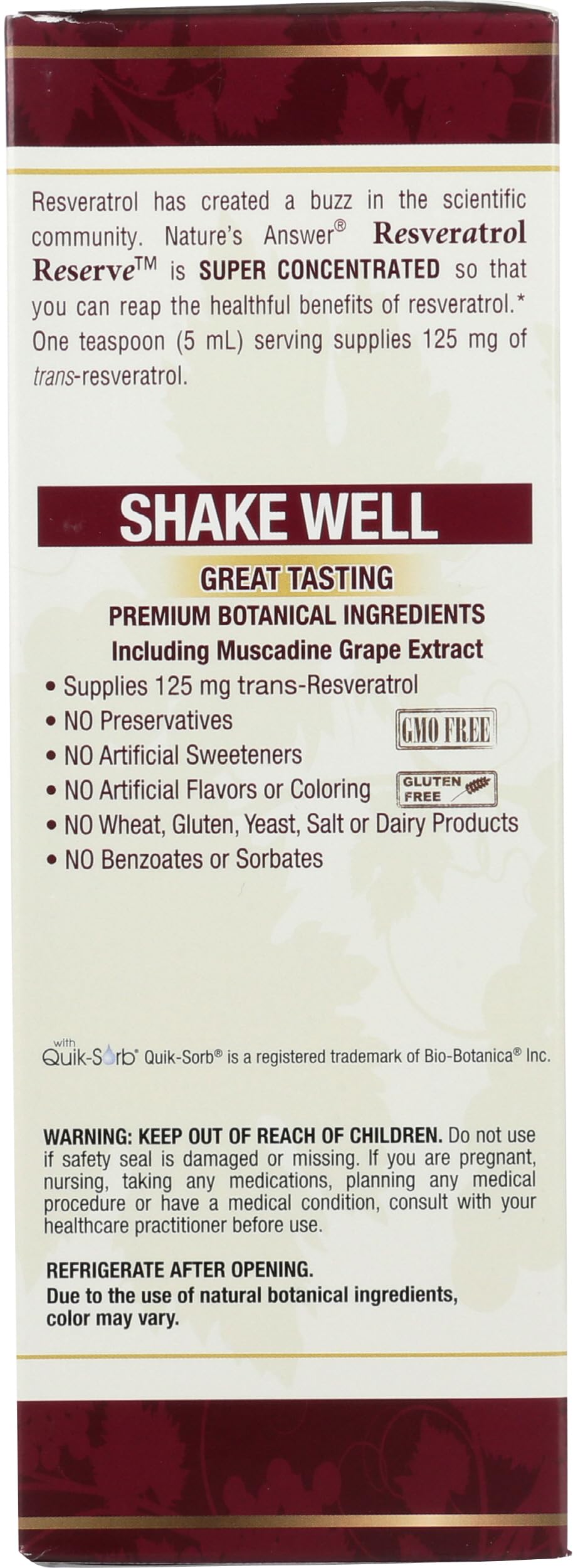 Détails de la bouteille de Nature's Answer Réserve de Resvératrol