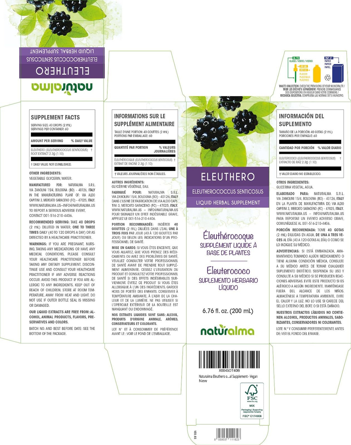 Détails de la bouteille de Tincture d'Éléuthero Naturalma