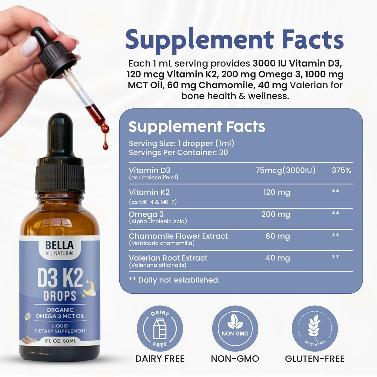 Détails de la bouteille de vitamine D3 K2 avec huile MCT
