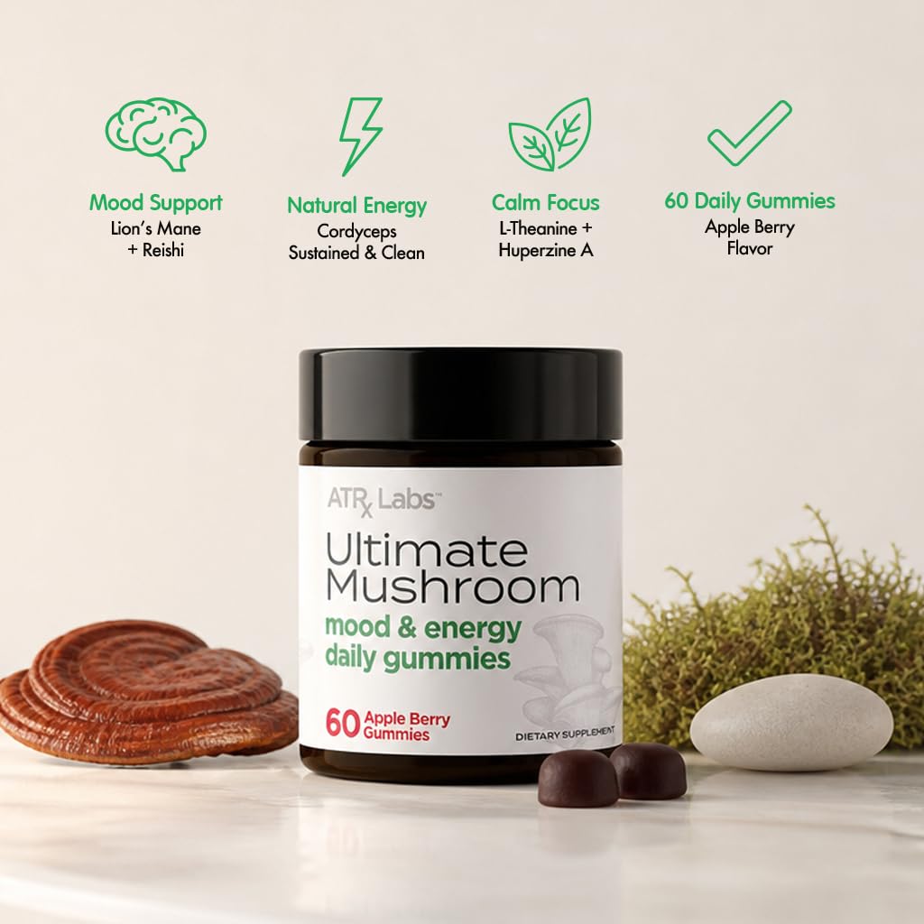 Détails de la bouteille des gummies champignons ATRx Labs