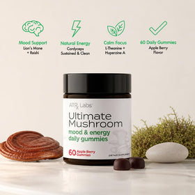 Détails de la bouteille des gummies champignons ATRx Labs