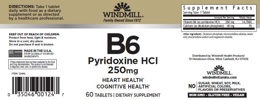Détails de la bouteille Windmill Vitamine B-6 250 mg