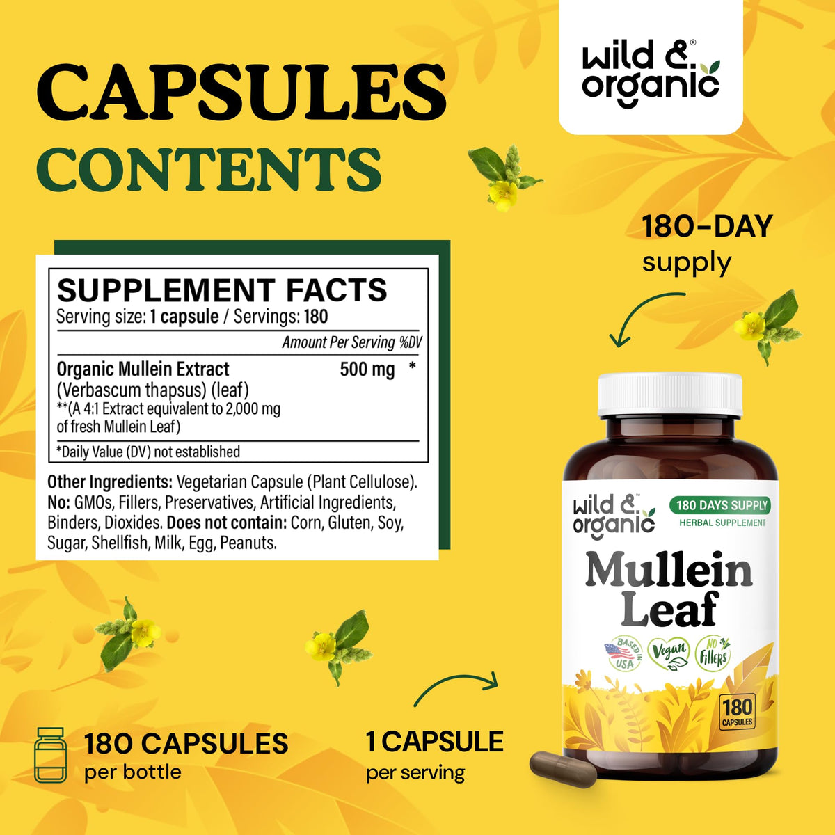 Détails de la capsule de mullein Wild & Organic avec extrait de feuille