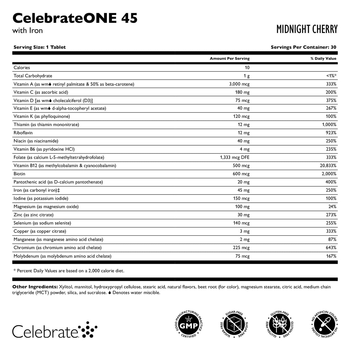Détails de la composition des multivitamines CelebrateONE 45