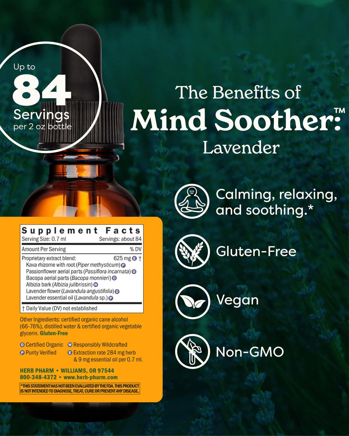 Détails de la pipette de Herb Pharm Mind Soother Lavande