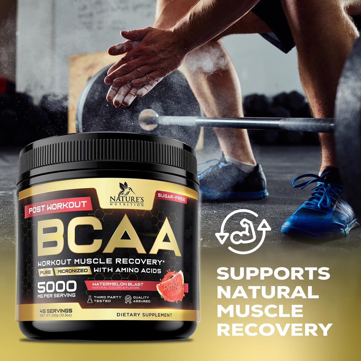 Détails de la poudre BCAA Nature's Nutrition 331g sur une table