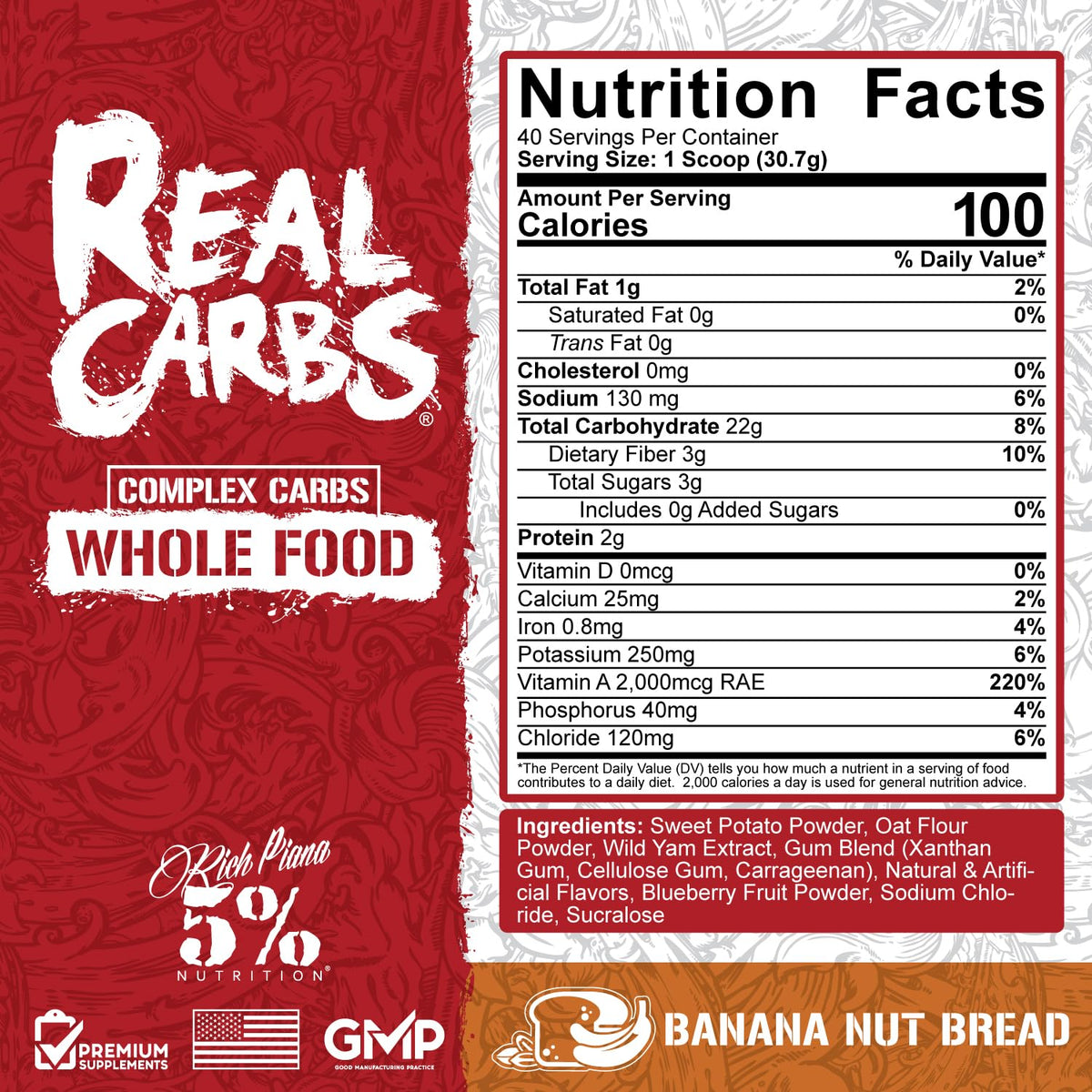 Détails de la poudre complexe de glucides 5% Nutrition avec ingrédients visibles