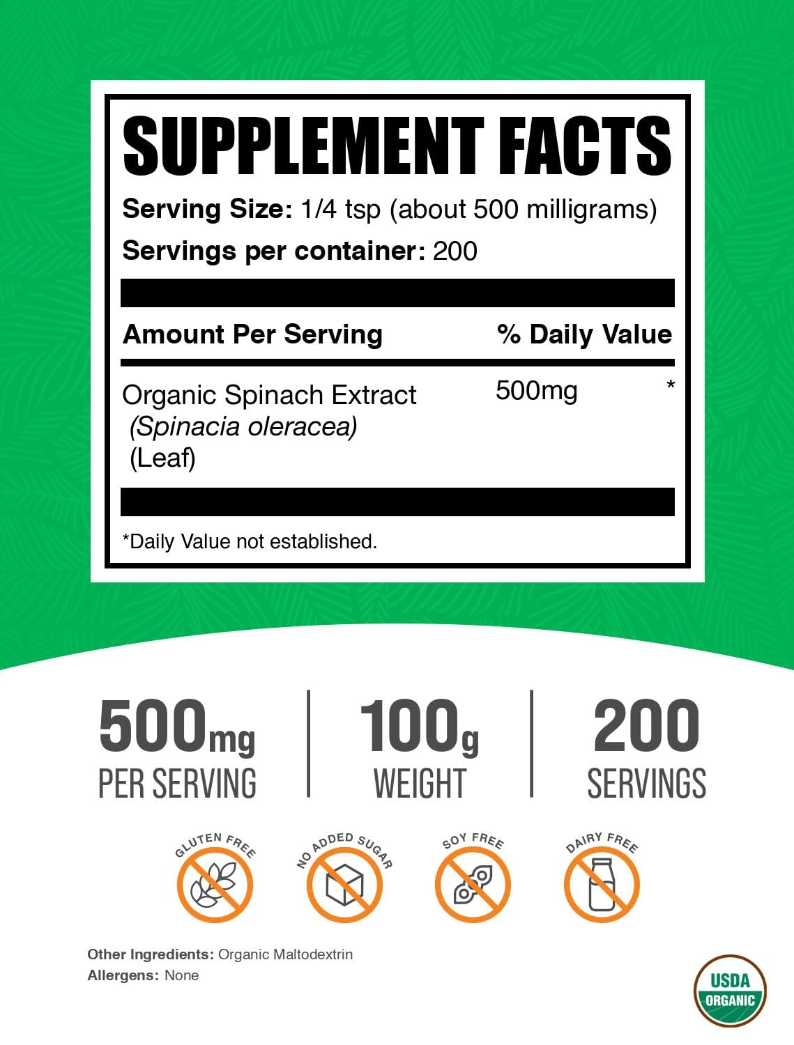 Détails de la poudre d'extrait d'épinard bio BulkSupplements