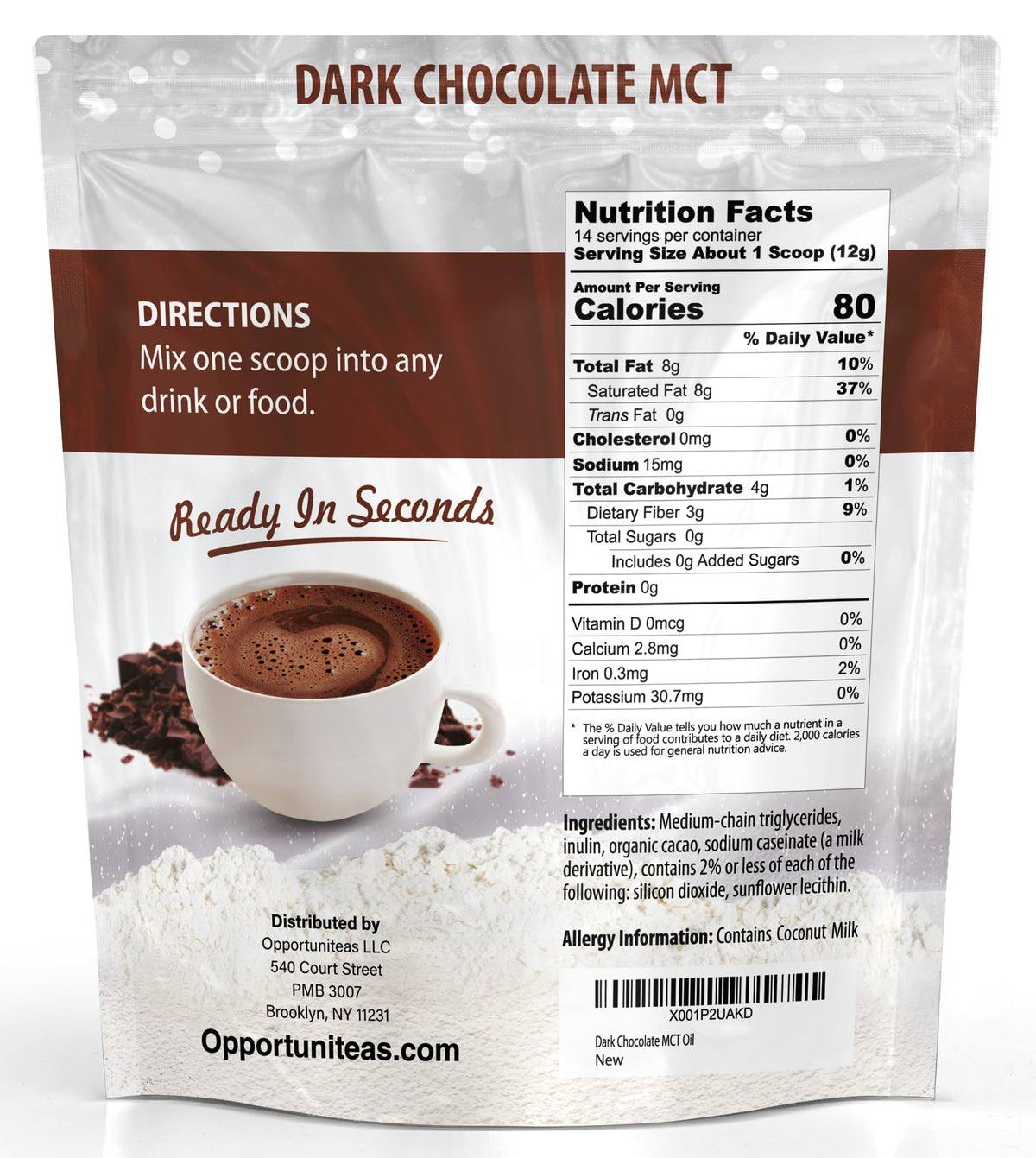 Détails de la poudre d'Huile MCT Chocolat Noir dans un bol