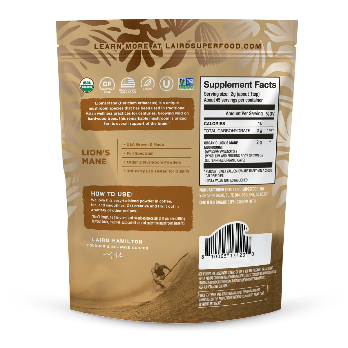 Détails de la poudre de champignon Lion's Mane Laird Superfood