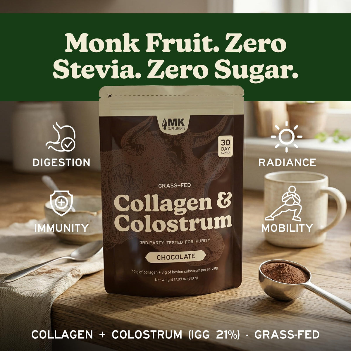 Détails de la poudre de collagène et colostrum chocolat MK Supplements